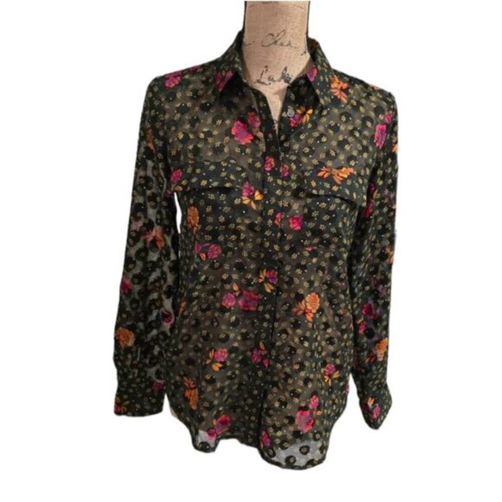Loft Pink and Green Slightly Sheer Button down Blouse Size SP Small Petite